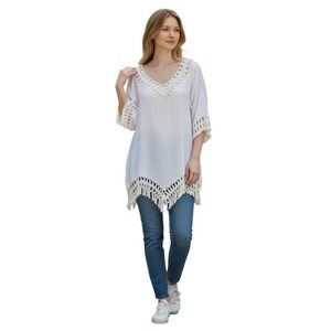 Venus White Crochet Lace V Neck Tunic Cover Up Top Shirt L
